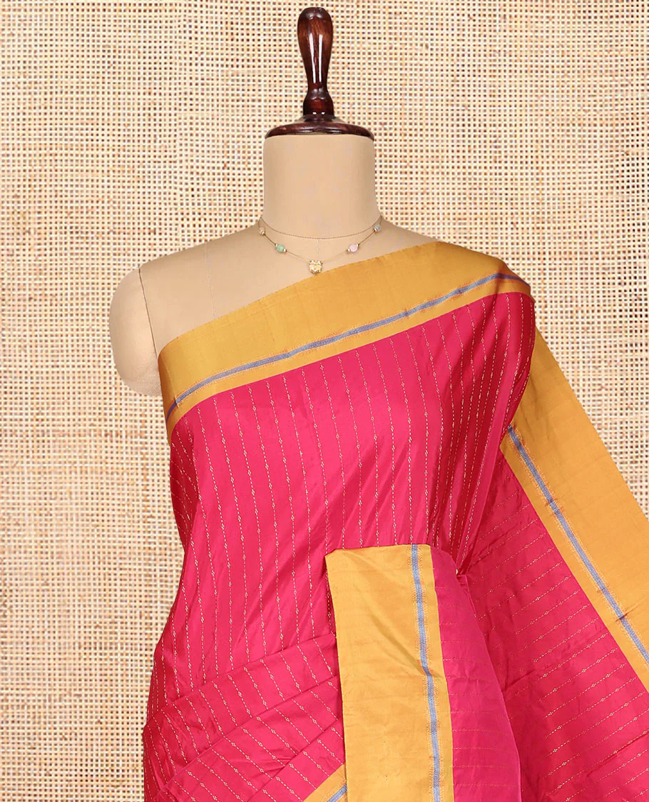 Rani Pink Aarani Gift Saree, Accentulated with Stripes on Its Body, Complemented by a Contrast Striped Border, Striped Pallu, and Paired with a Contrast Blouse - Image 2