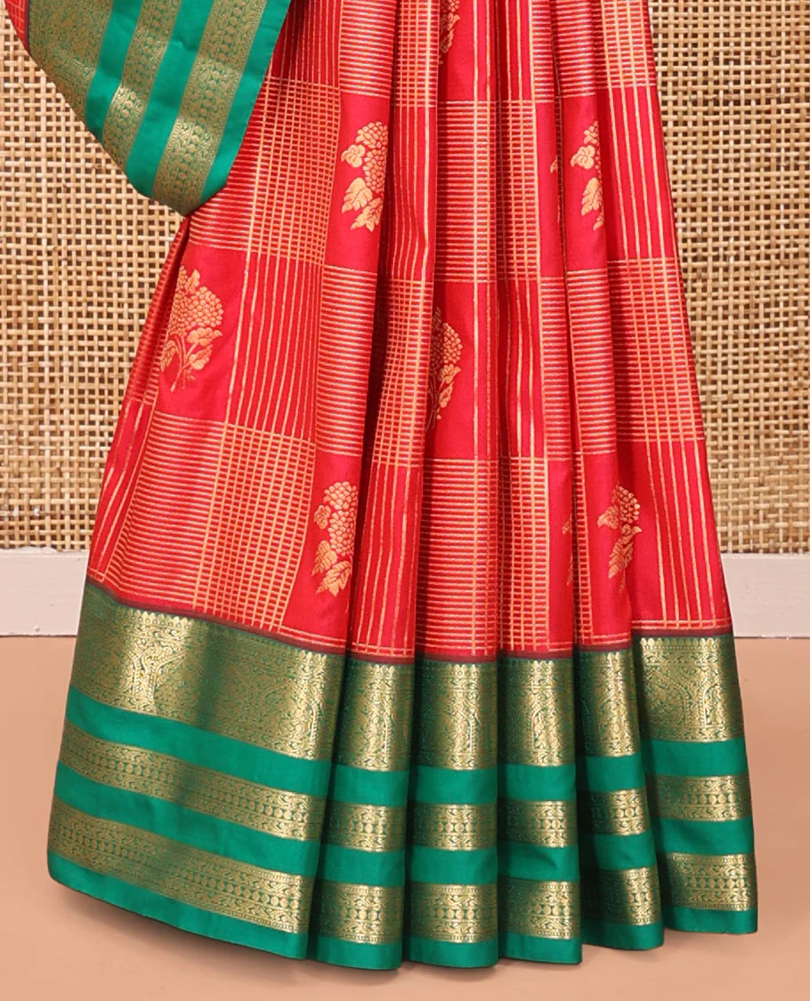 Rani Pink and Green Budget Silk Saree, Richly Detailed with Zari Butta Enclosed Checks On Its Body, Complemented by Contrast Traditional Zari Designs Woven Border, Grand Pallu and Paired with a Contrast Blouse - Image 4