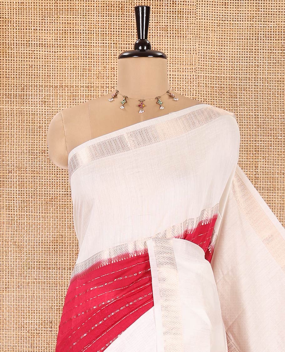 Rani Pink Assam Silk Saree, Enriched with Horizontal Zari Stripes All Over Its Body, Complemented by a Contrast Traditional Zari Design Rettai Pettu Border, Grand Zari Striped Pallu, and Paired with a Contrast Blouse - Image 2