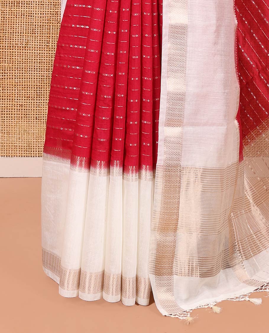 Rani Pink Assam Silk Saree, Enriched with Horizontal Zari Stripes All Over Its Body, Complemented by a Contrast Traditional Zari Design Rettai Pettu Border, Grand Zari Striped Pallu, and Paired with a Contrast Blouse - Image 3