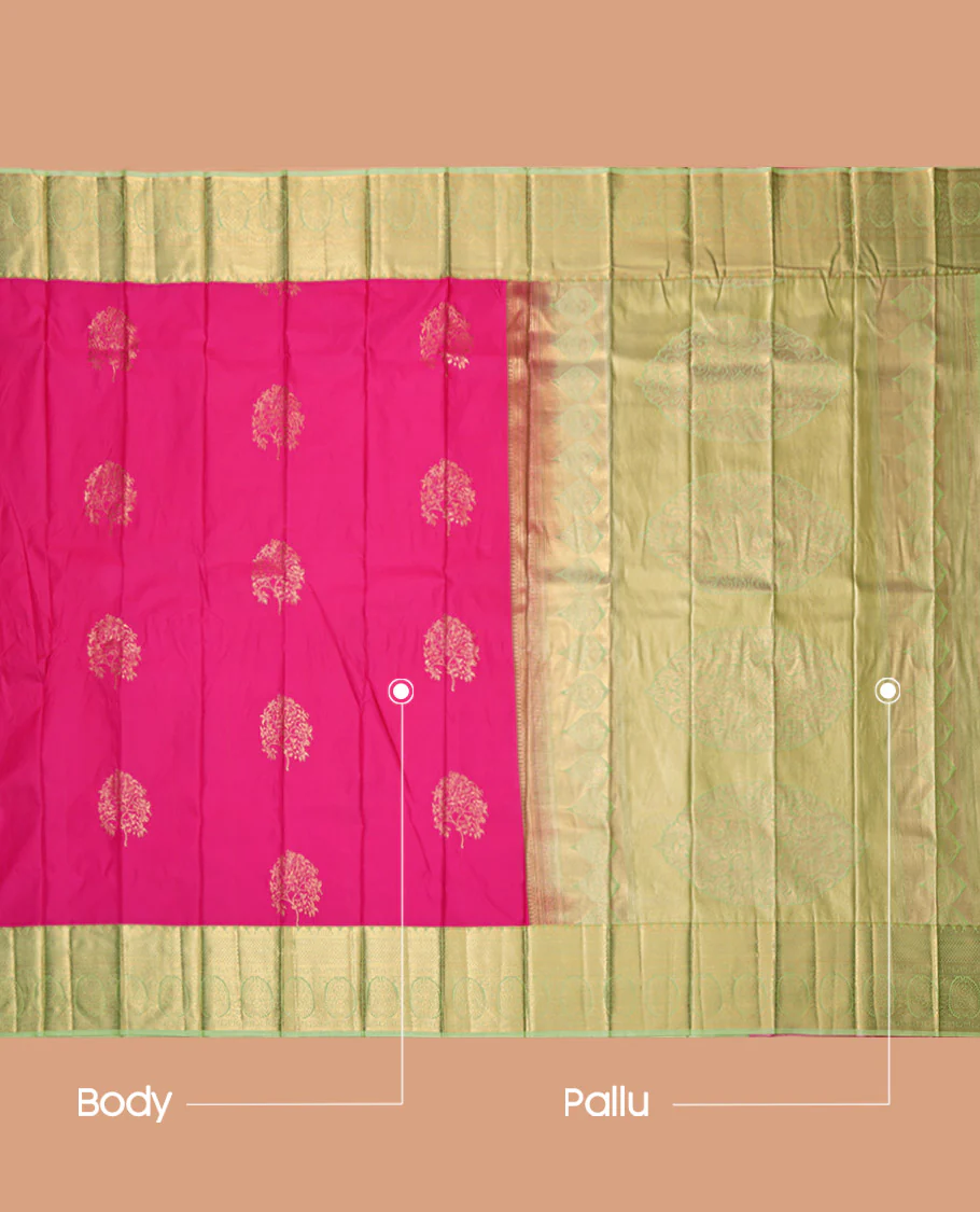 Rani Pink Budget Silk Saree, Bedecked with Zari Buttas, Contrast Traditional Zari Border, Grand Pallu, and a Contrast Blouse - Image 3