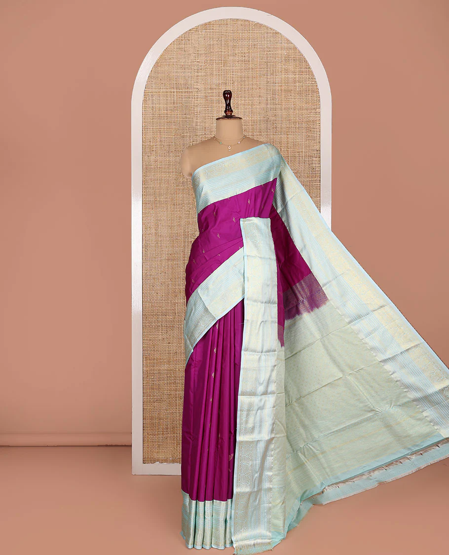Purple Budget Silk Saree, Enriched with Zari Buttas on Its Body, Complemented by a Contrast Traditional Zari Design Border, Pallu Depicts Jaal Designs, and Paired with a Contrast Blouse