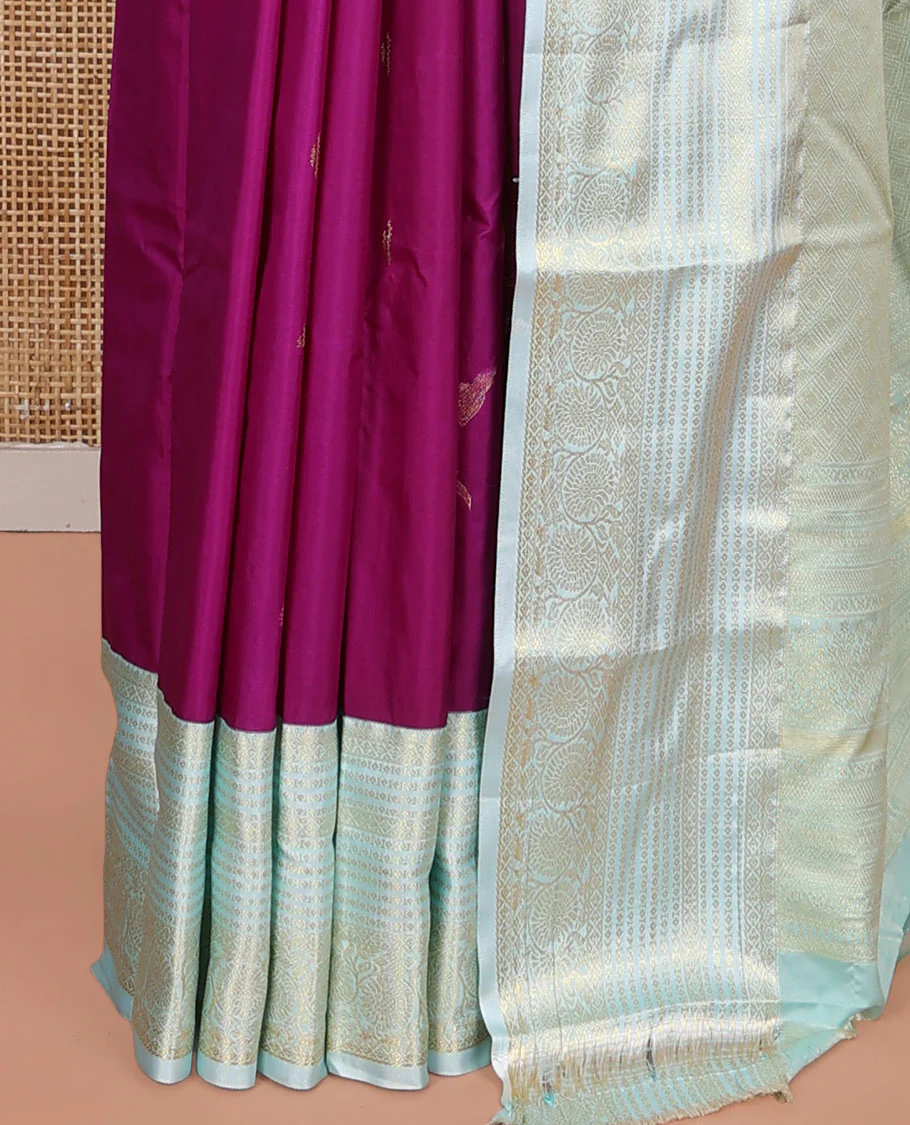 Purple Budget Silk Saree, Enriched with Zari Buttas on Its Body, Complemented by a Contrast Traditional Zari Design Border, Pallu Depicts Jaal Designs, and Paired with a Contrast Blouse - Image 3