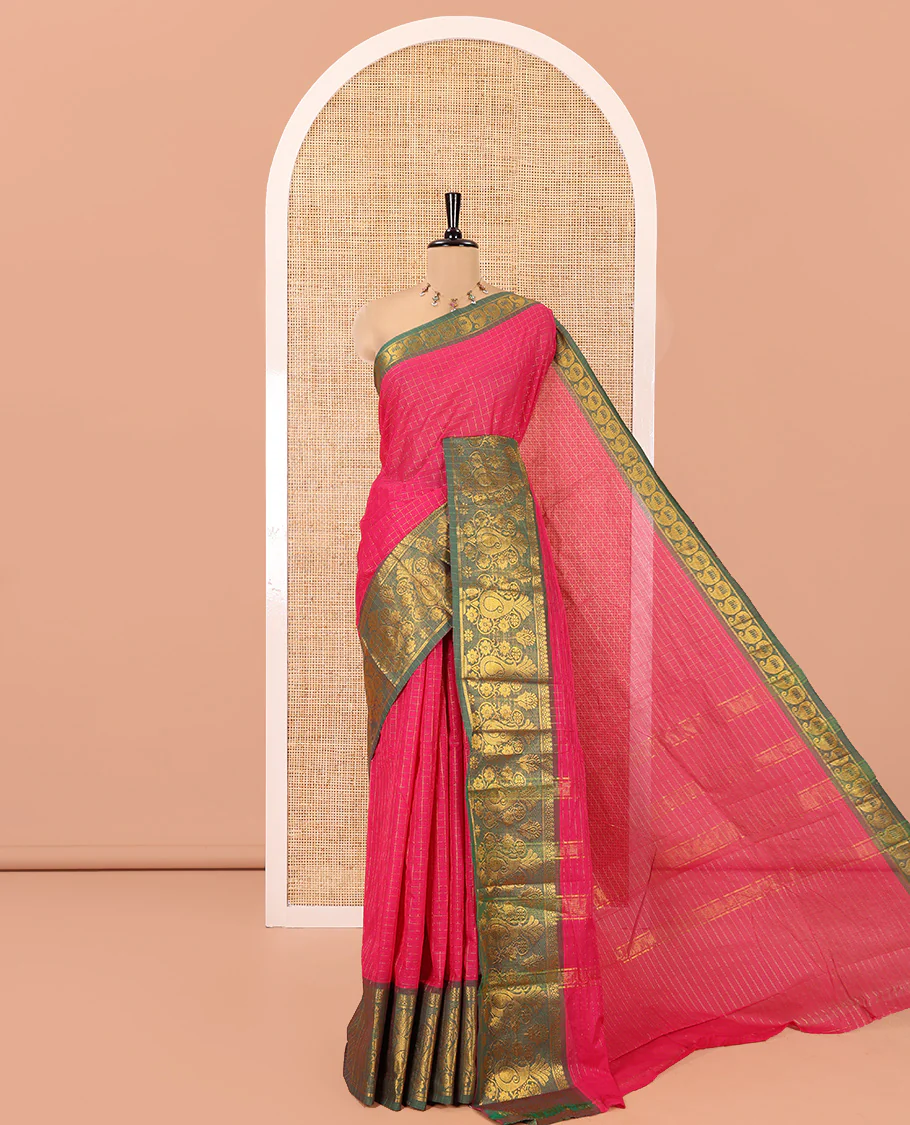 Rani Pink Chettinad Cotton Saree, Elevated with Checked Design All Over Its Body, Complemented by a Contrast Traditional Zari Border of Paisley Designs, Zari-Striped Pallu, and Has No Blouse