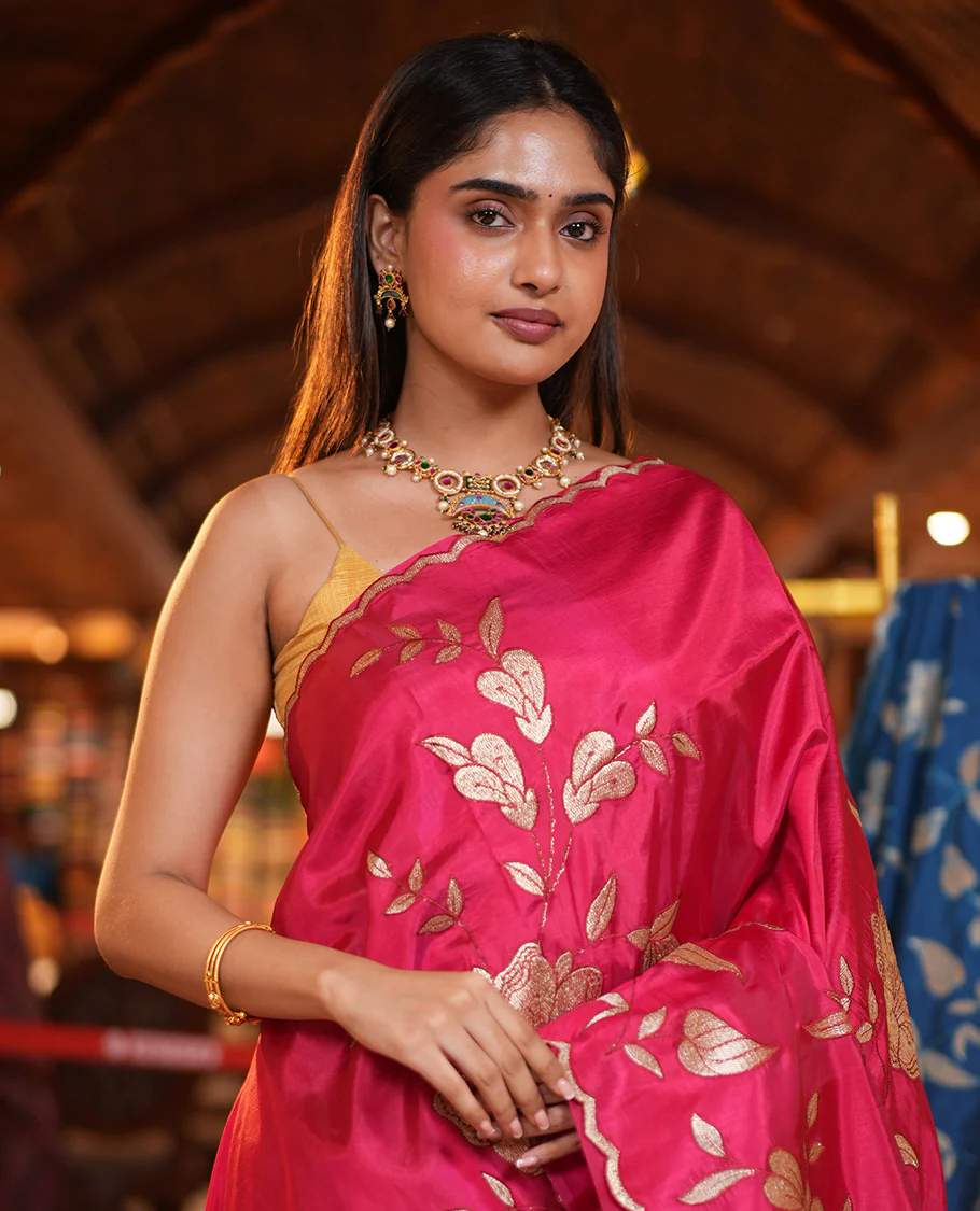 Rani Pink Dupion Silk Saree, Delicately Decked Up with Floral-Leaf Vine Embroidered On Its Body, Subtle Scallop Border, Artfully Floral Embroidered Pallu, and Paired with a Plain Blouse - Image 2