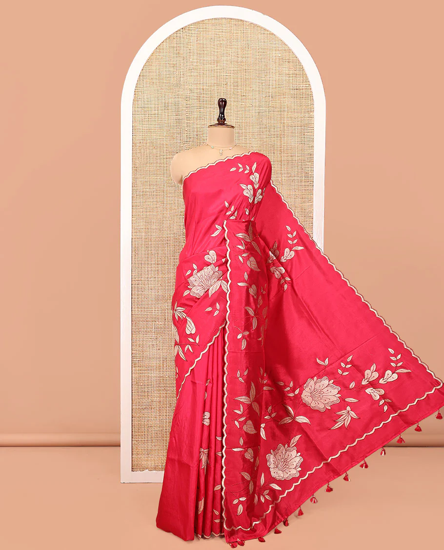 Rani Pink Dupion Silk Saree, Delicately Decked Up with Floral-Leaf Vine Embroidered On Its Body, Subtle Scallop Border, Artfully Floral Embroidered Pallu, and Paired with a Plain Blouse - Image 3