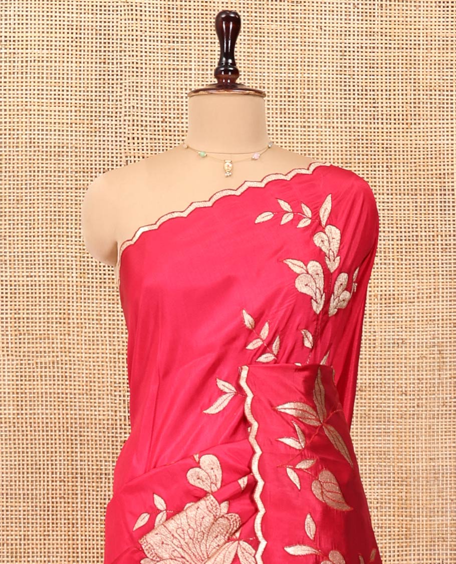Rani Pink Dupion Silk Saree, Delicately Decked Up with Floral-Leaf Vine Embroidered On Its Body, Subtle Scallop Border, Artfully Floral Embroidered Pallu, and Paired with a Plain Blouse - Image 4