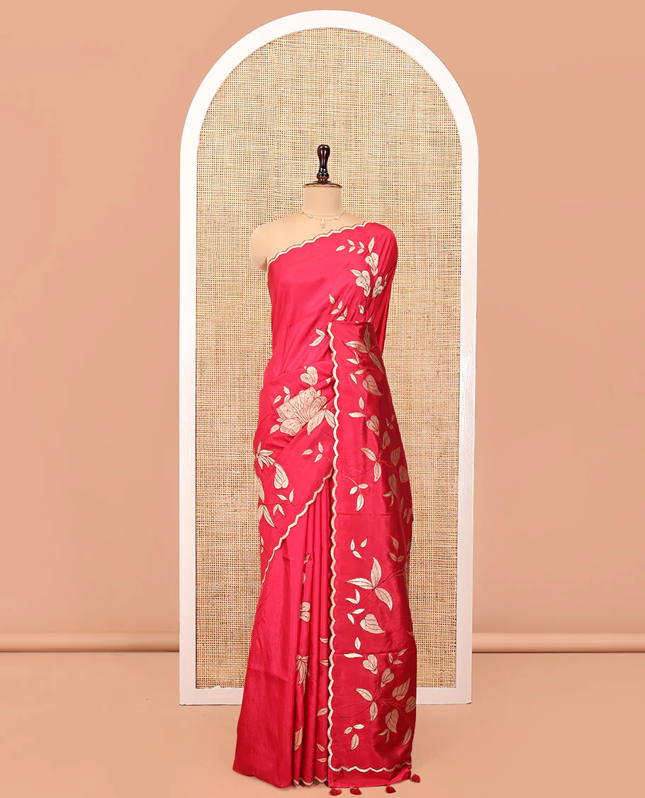 Rani Pink Dupion Silk Saree, Delicately Decked Up with Floral-Leaf Vine Embroidered On Its Body, Subtle Scallop Border, Artfully Floral Embroidered Pallu, and Paired with a Plain Blouse - Image 5