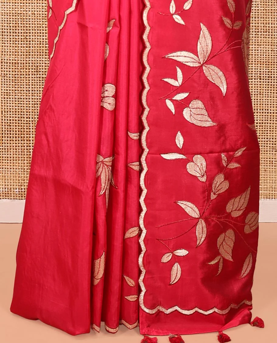 Rani Pink Dupion Silk Saree, Delicately Decked Up with Floral-Leaf Vine Embroidered On Its Body, Subtle Scallop Border, Artfully Floral Embroidered Pallu, and Paired with a Plain Blouse - Image 6