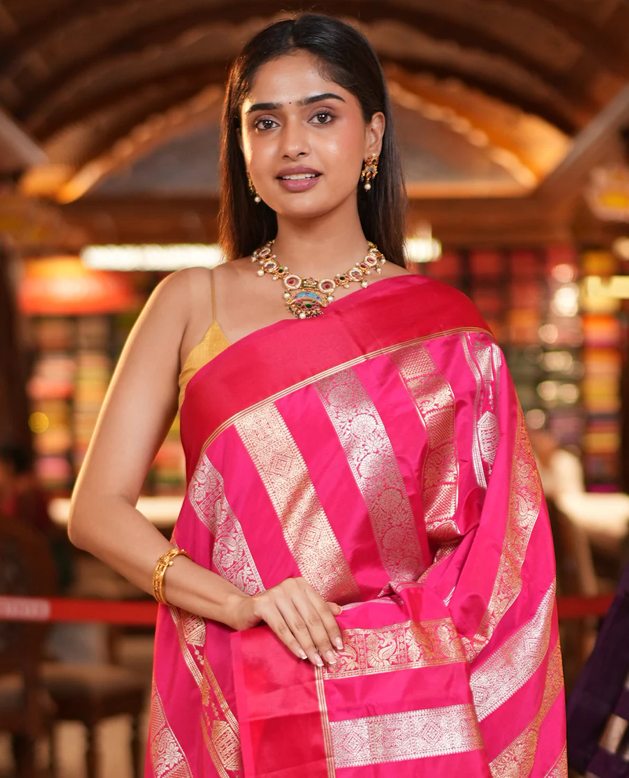 Rani Pink Dupion Silk Saree, Richly Features Vertically Woven Traditional Patterns in Zari, Complemented by Contrast Zari Satin Border, Rich Pallu, and Paired with a Matching Blouse - Image 2