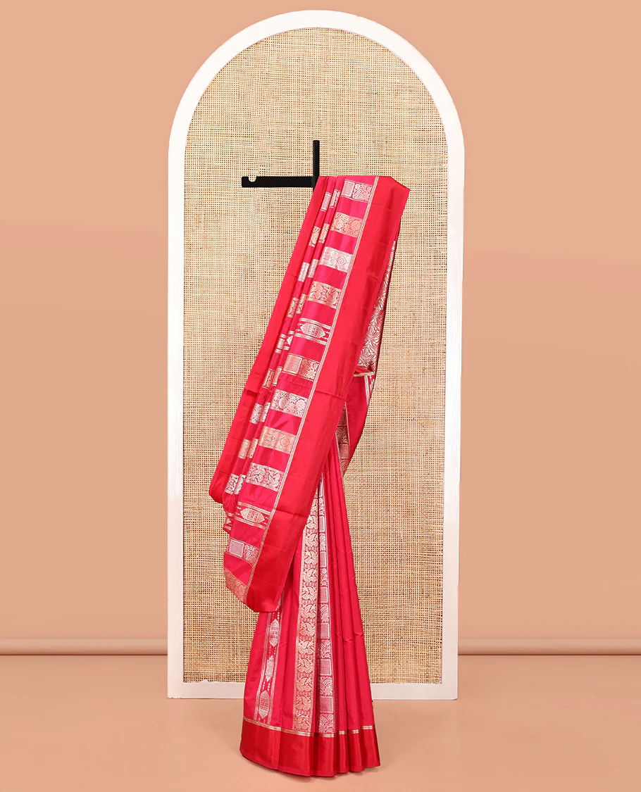 Rani Pink Dupion Silk Saree, Richly Features Vertically Woven Traditional Patterns in Zari, Complemented by Contrast Zari Satin Border, Rich Pallu, and Paired with a Matching Blouse - Image 3