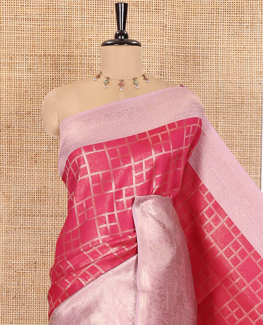Rani Pink Elite Soft Silk Saree, Delicately Woven with Checked Design on Its Body, Complemented by a Contrast Border of Jungle-Themed Flora-Fauna Motifs, a Pallu of Checked Design, and Paired with a Contrast Blouse - Image 2