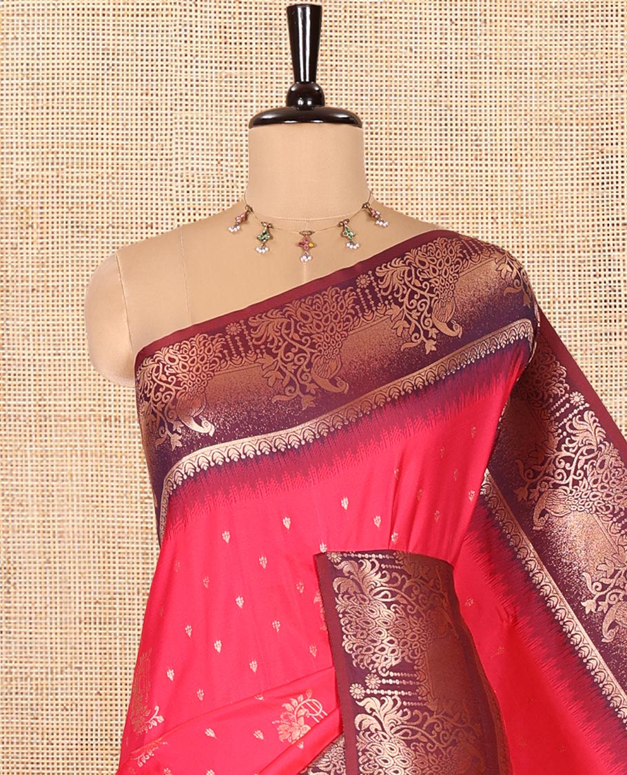 Rani Pink Elite Soft Silk Saree, Enriched with Zari Buttas on Its Body, Complemented by a Contrast Peacock-Floral Zari Blouse, Intricately Designed Pallu, and Paired with a Contrast Blouse - Image 2