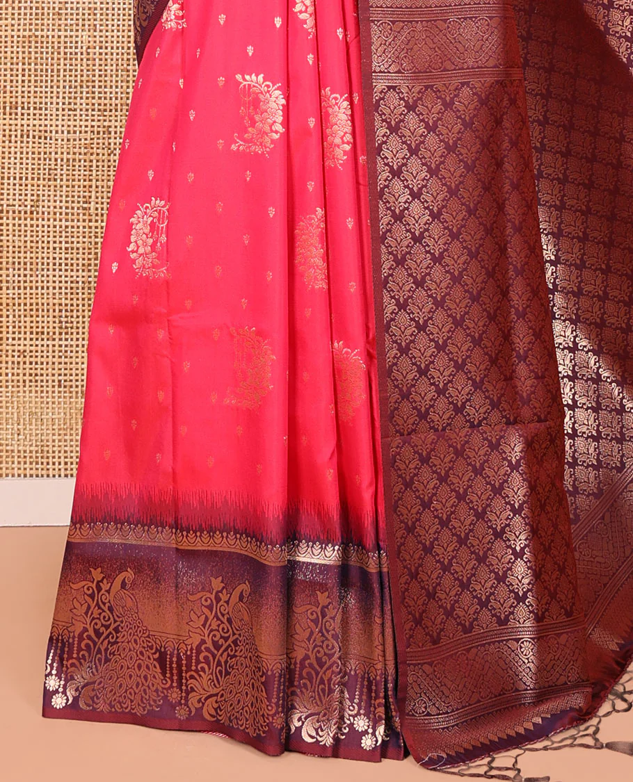 Rani Pink Elite Soft Silk Saree, Enriched with Zari Buttas on Its Body, Complemented by a Contrast Peacock-Floral Zari Blouse, Intricately Designed Pallu, and Paired with a Contrast Blouse - Image 3