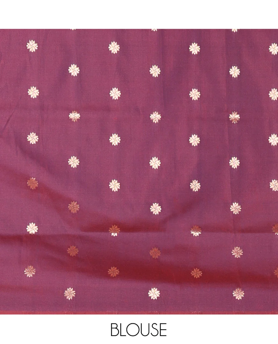 Rani Pink Elite Soft Silk Saree, Enriched with Zari Buttas on Its Body, Complemented by a Contrast Peacock-Floral Zari Blouse, Intricately Designed Pallu, and Paired with a Contrast Blouse - Image 4