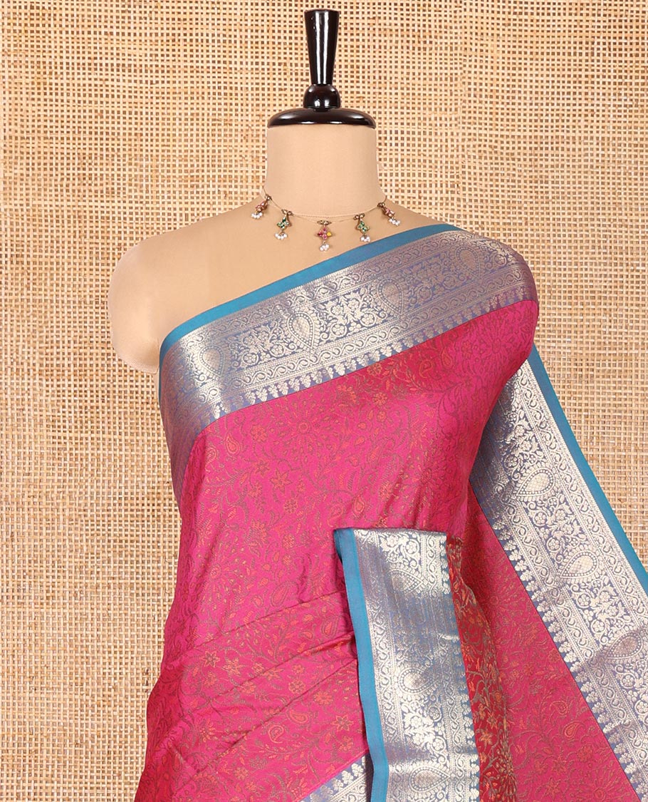 Rani Pink Elite Soft Silk Saree, Subtly Sparkled with Floral-Paisley Designs On Its Body, Complemented by Contrast Traditional Zari Designs Woven Border, Intricately Designed Pallu, and Paired with a Matching Blouse - Image 2