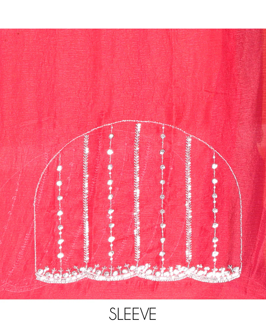Rani Pink Fendy Chiffon Saree Highlighted with Sequins and Thread Stripes Embroidery, Scallop Embroidered Border, Elegantly Embroidered Pallu, and Paired with a Matching Blouse - Image 4