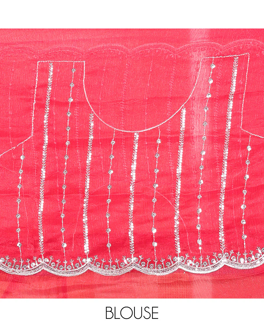 Rani Pink Fendy Chiffon Saree Highlighted with Sequins and Thread Stripes Embroidery, Scallop Embroidered Border, Elegantly Embroidered Pallu, and Paired with a Matching Blouse - Image 5