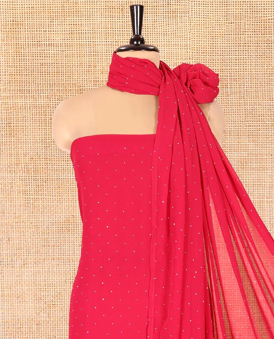 Rani Pink Fox Georgette Material Chudidar Set, Gleamed up with Stone Floral Embroidery On Its Top, A Plain Santoon Bottom and Paired with a Matching Stone Work Fox Georgette Dupatta - Image 3