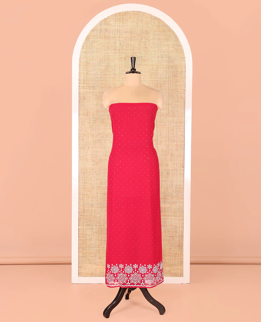 Rani Pink Fox Georgette Material Chudidar Set, Gleamed up with Stone Floral Embroidery On Its Top, A Plain Santoon Bottom and Paired with a Matching Stone Work Fox Georgette Dupatta - Image 4