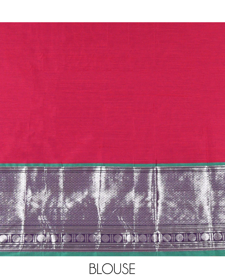 Rani Pink-Green Mercerised Cotton Half-Saree Features Plain with Contrast Traditional Zari Bordered Skirt, Paired with a Matching Blouse, and Comes with a Contrast Bordered Dhavani - Image 4