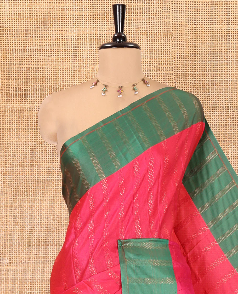 Rani Pink Kanchi Soft Silk Saree, Enriched with Chevron Stripes on Its Body, Complemented by a Contrast Chevron Striped Border, Striped Pallu, and Paired with a Contrast Blouse - Image 2
