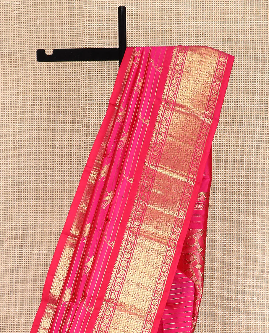 Rani Pink Kanchipuram Silk Saree Graced with Mayil Buttas and Zari Stripes All Over Its Body, Complemented by Contrast One-Sided Border of Kodi Visiry and Jaal Designs, Grandly Woven Pallu of Geometric Patterns, and Comes Without a Blouse - Image 3