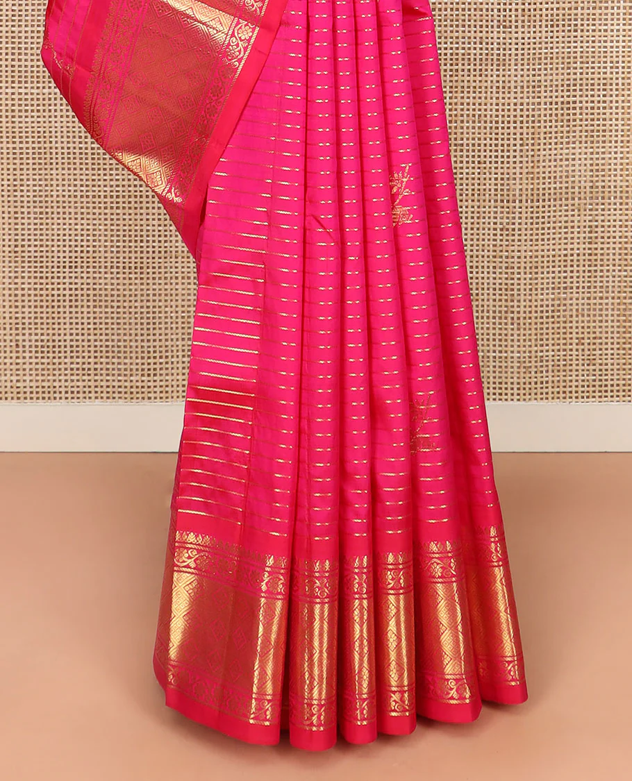 Rani Pink Kanchipuram Silk Saree Graced with Mayil Buttas and Zari Stripes All Over Its Body, Complemented by Contrast One-Sided Border of Kodi Visiry and Jaal Designs, Grandly Woven Pallu of Geometric Patterns, and Comes Without a Blouse - Image 4