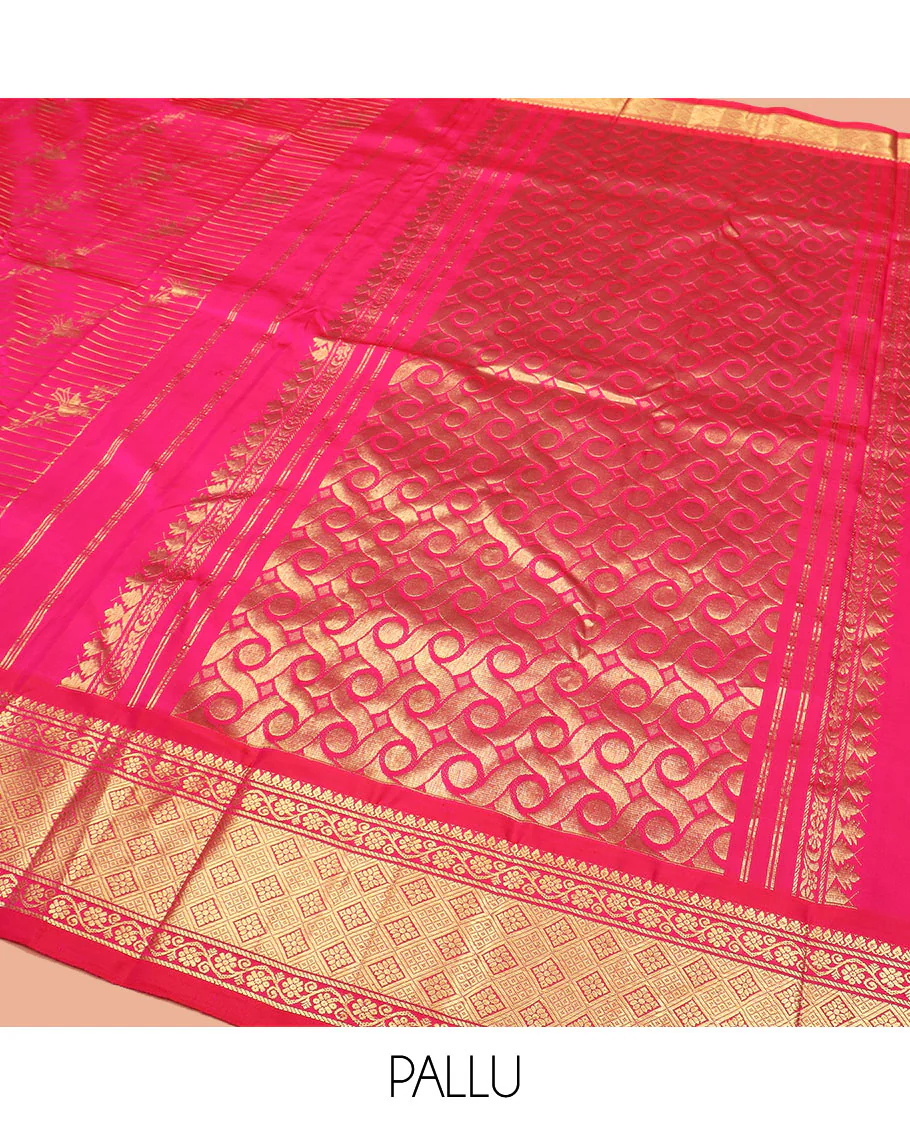 Rani Pink Kanchipuram Silk Saree Graced with Mayil Buttas and Zari Stripes All Over Its Body, Complemented by Contrast One-Sided Border of Kodi Visiry and Jaal Designs, Grandly Woven Pallu of Geometric Patterns, and Comes Without a Blouse - Image 5
