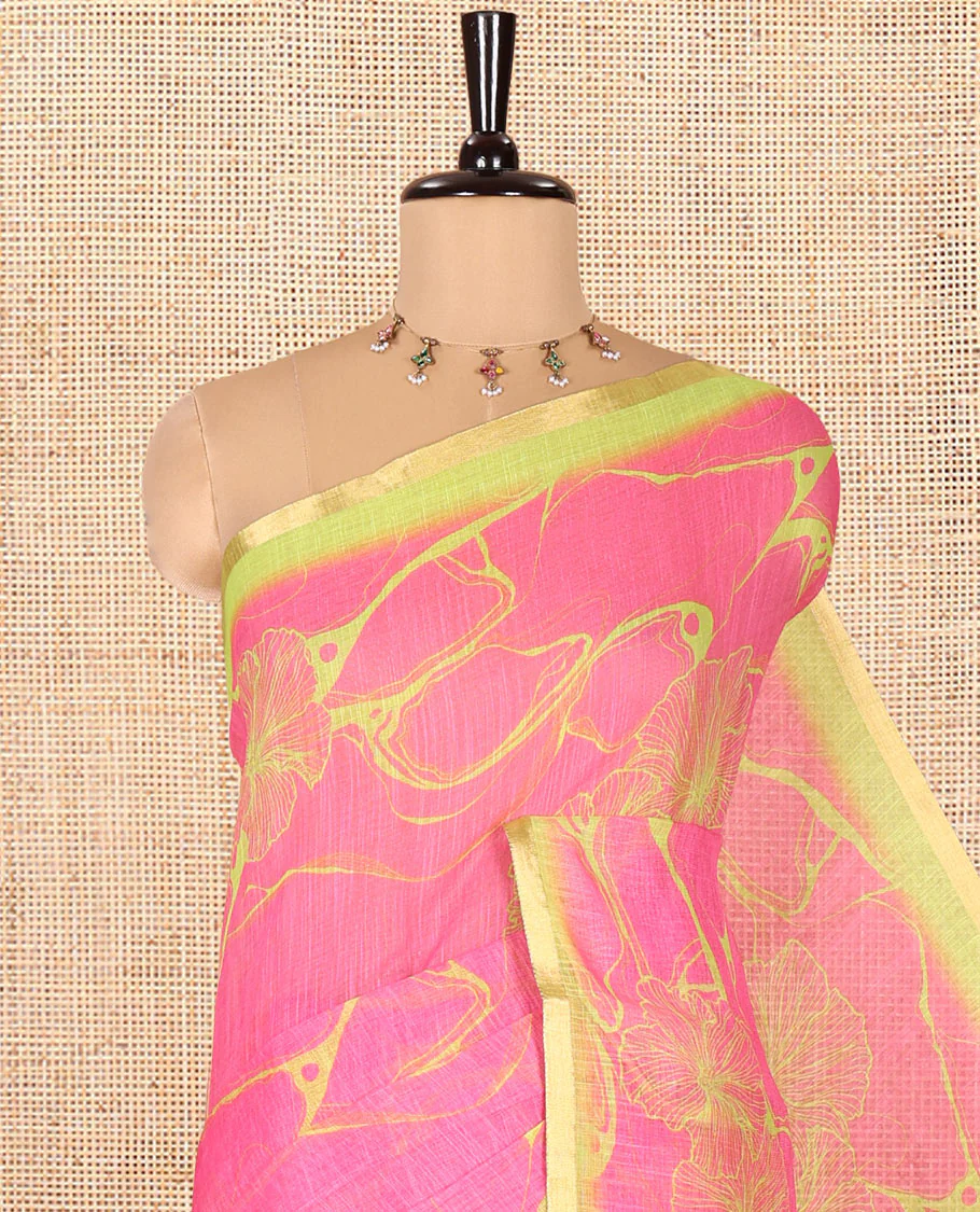 Rani Pink Linen Cotton Saree, Accentuated with Abstract Floral Print On Its Body, Subtle Piping Border, Pallu of Floral and Geometric Print, and Paired with a Contrast Blouse - Image 2