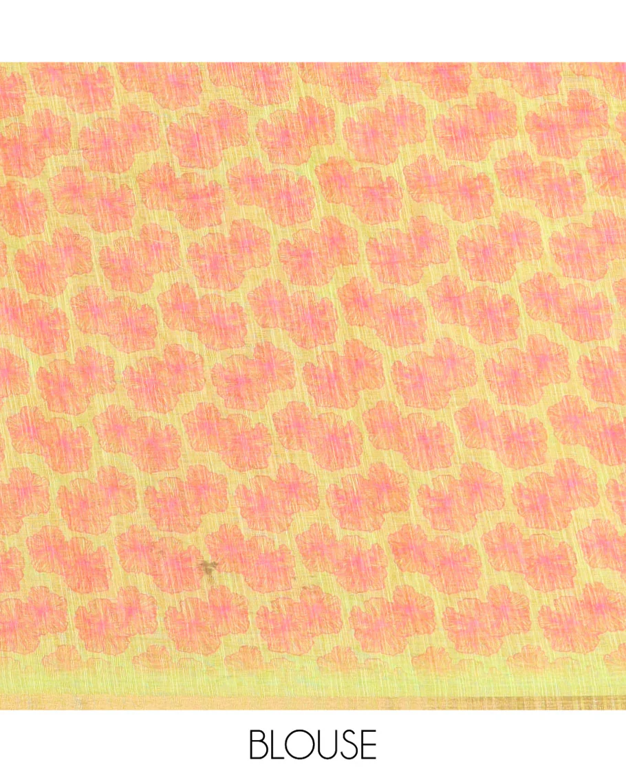 Rani Pink Linen Cotton Saree, Accentuated with Abstract Floral Print On Its Body, Subtle Piping Border, Pallu of Floral and Geometric Print, and Paired with a Contrast Blouse - Image 3