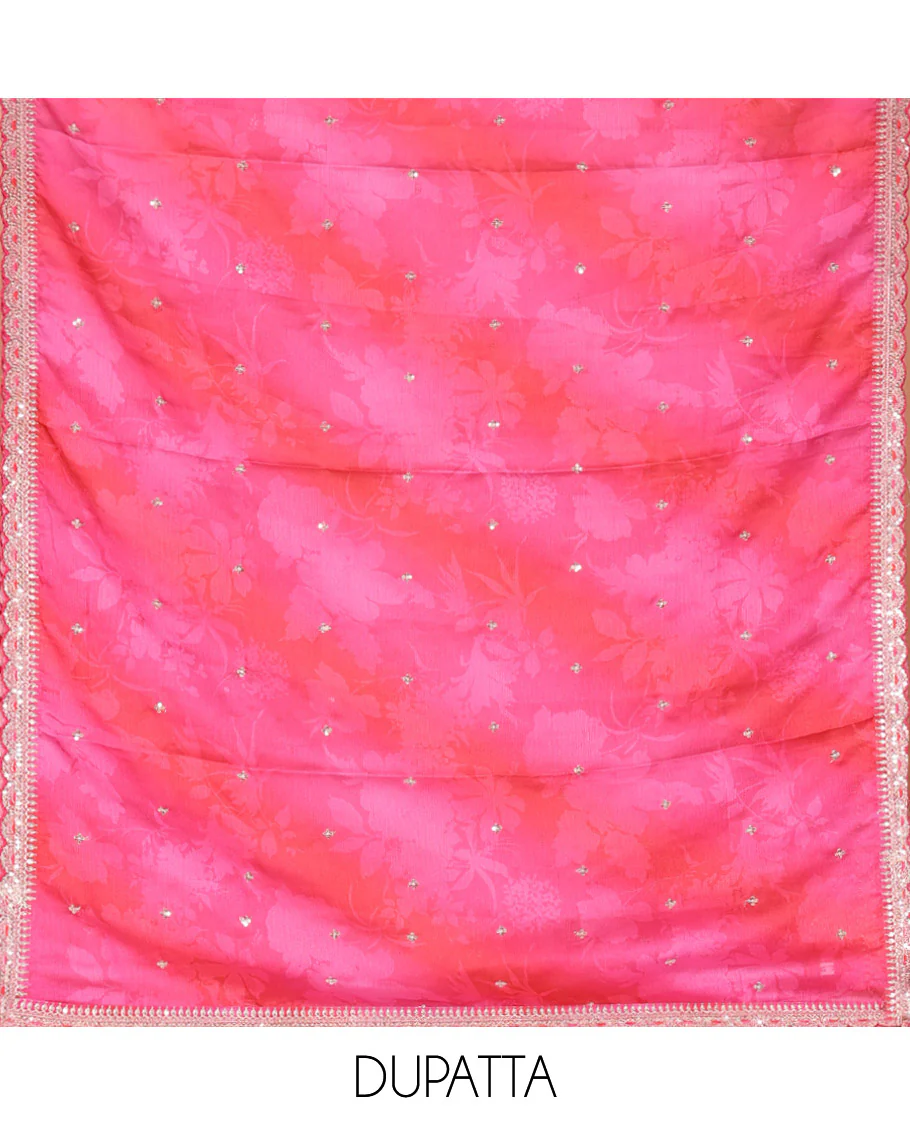 Rani Pink Material Chudidar Set Decked Up with Intricately Embroidered Muga Silk Top, Subtly Made Plain Santoon Bottom, and a Bemberg Chiffon Dupatta Featuring Floral Printed, and Embroidery - Image 2