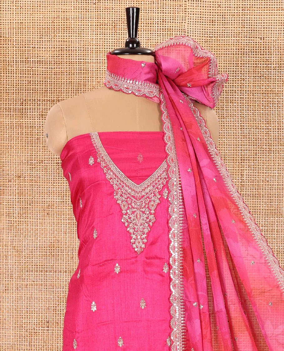 Rani Pink Material Chudidar Set Decked Up with Intricately Embroidered Muga Silk Top, Subtly Made Plain Santoon Bottom, and a Bemberg Chiffon Dupatta Featuring Floral Printed, and Embroidery - Image 3