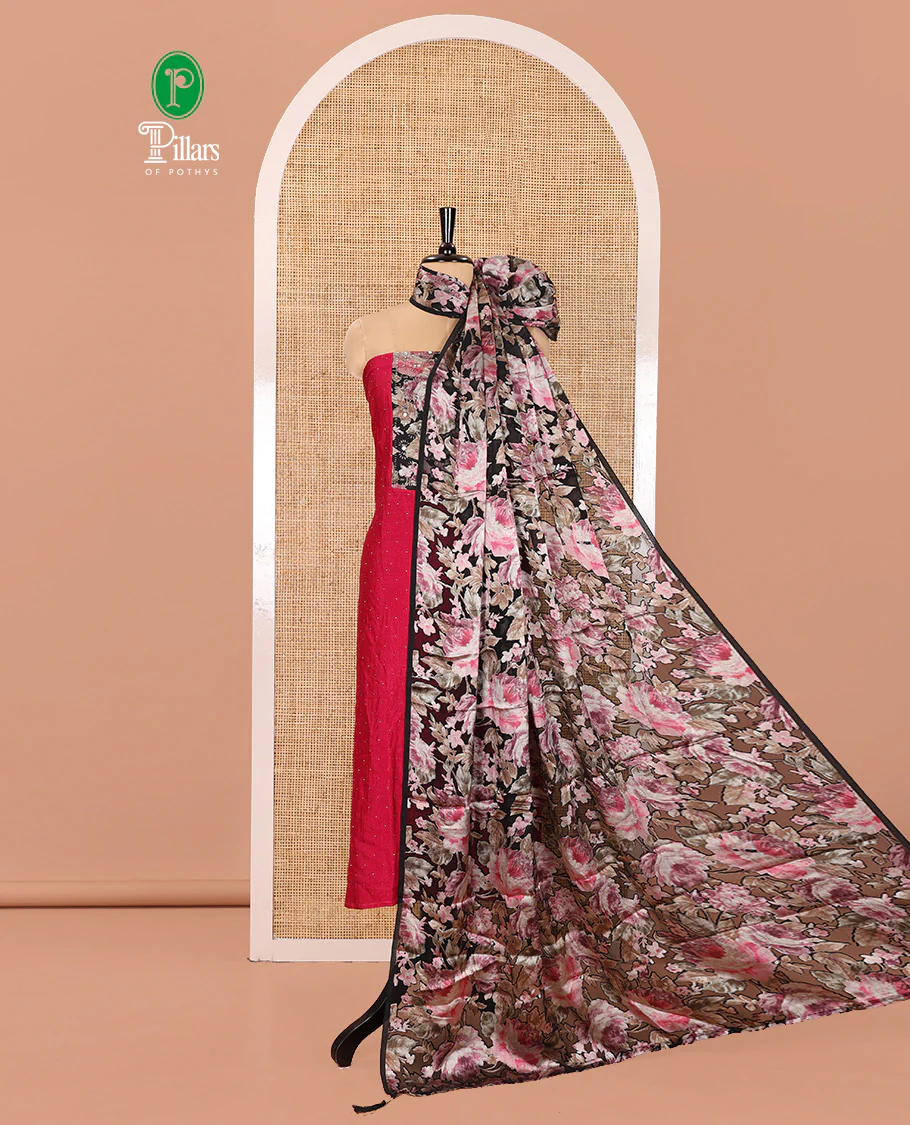 Rani Pink Mustard Material Churidar Set, Enthralled with Stone Work and Floral Patch Neck Work on Vichitra Silk Top, Comes with a Plain Santoon Bottom, and Is Paired with a Contrast Floral Printed Dupatta