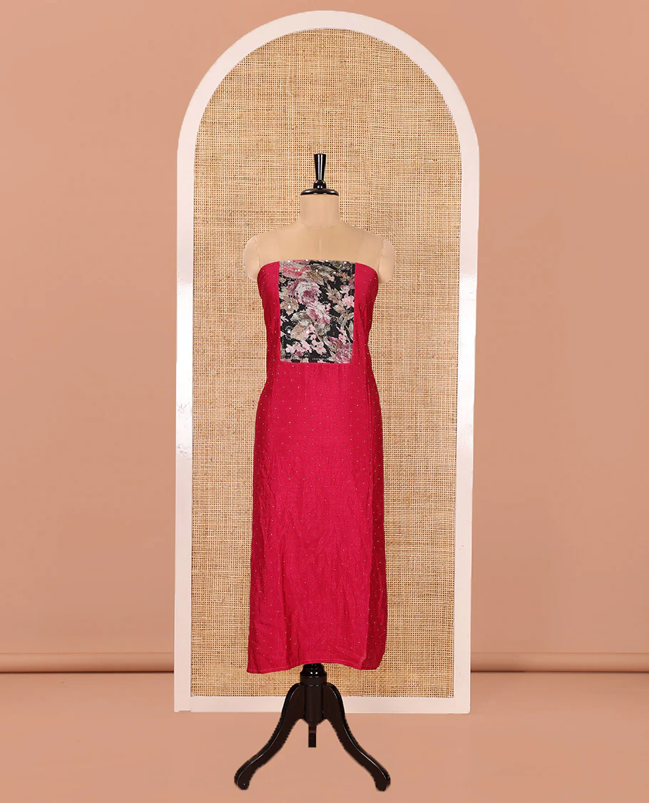Rani Pink Mustard Material Churidar Set, Enthralled with Stone Work and Floral Patch Neck Work on Vichitra Silk Top, Comes with a Plain Santoon Bottom, and Is Paired with a Contrast Floral Printed Dupatta - Image 4