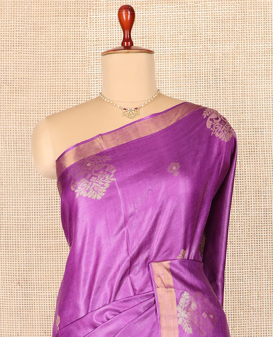 Rani pink peacock buttas tussar silk saree, bavanji border, and pallu of intricate motifs - Image 3