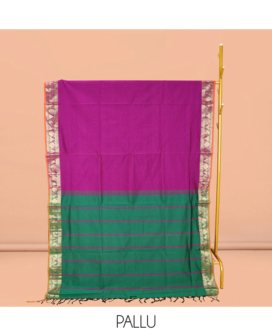 Rani Pink Plain Poly Cotton Saree, Complemented by a Contrast Traditional Zari Border of Temple and Rudraksham Designs, Contrast Striped Pallu, and Paired with a Contrast Blouse - Image 2