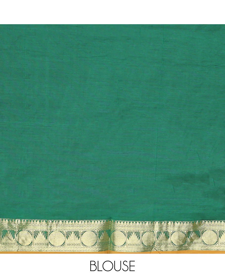 Rani Pink Plain Poly Cotton Saree, Complemented by a Contrast Traditional Zari Border of Temple and Rudraksham Designs, Contrast Striped Pallu, and Paired with a Contrast Blouse - Image 3
