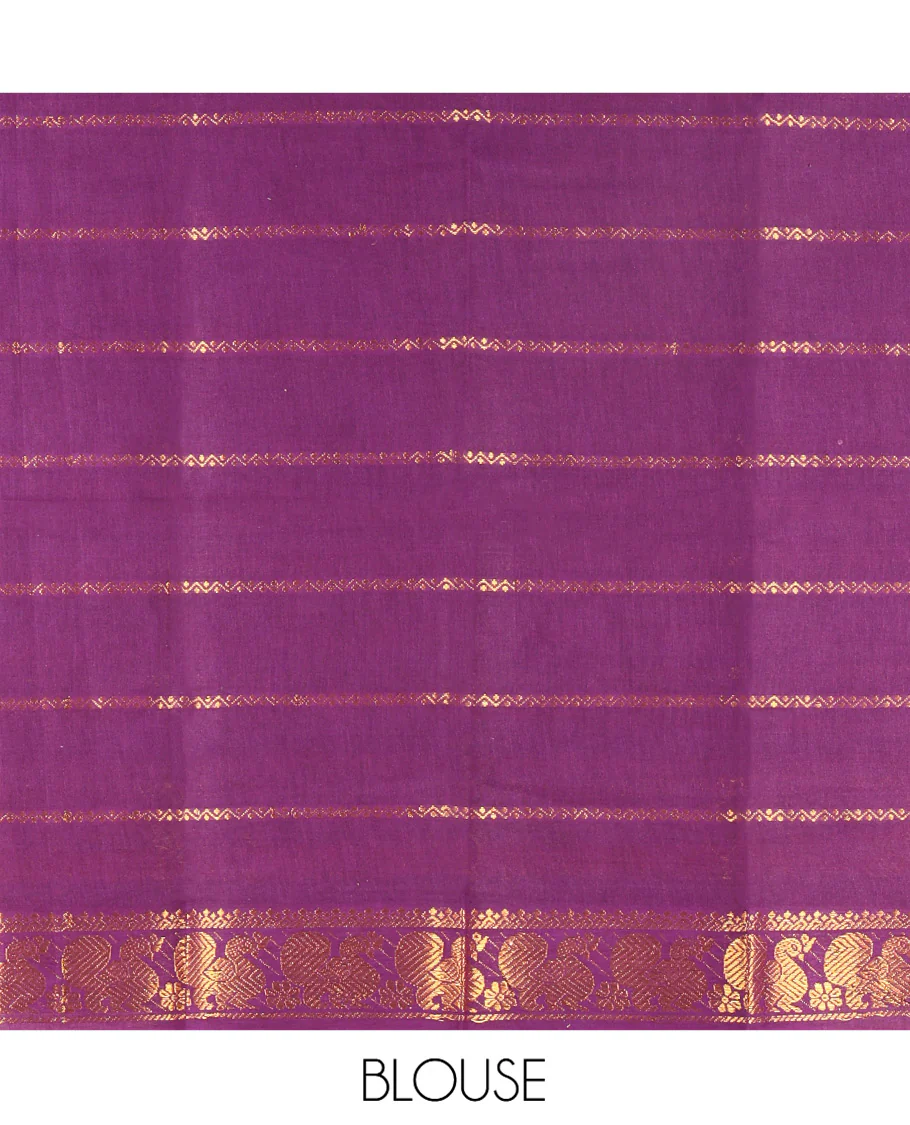 Rani Pink Plain Sungudi Cotton Saree, Highlighted by Traditional Zari Border of Peacock and Elephant Motifs Weave, Subtly Striped Pallu, and Paired with a Contrast Veldhari Design Blouse - Image 3