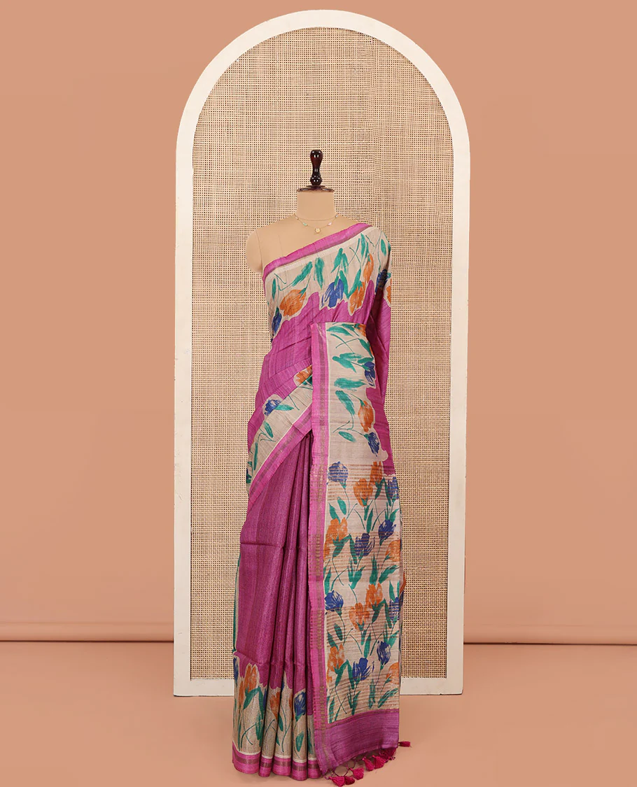 Rani Pink Plain Tussar Silk Saree Colorfully Printed with Hand-Brush Painting-Style Floral Motifs, Pallu Beautified with Floral Print, and Paired with a Contrast Blouse - Image 3