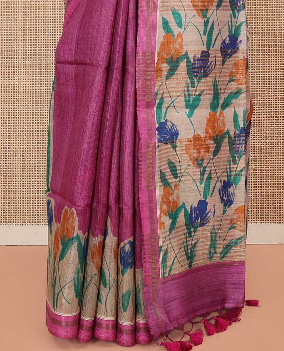 Rani Pink Plain Tussar Silk Saree Colorfully Printed with Hand-Brush Painting-Style Floral Motifs, Pallu Beautified with Floral Print, and Paired with a Contrast Blouse - Image 4