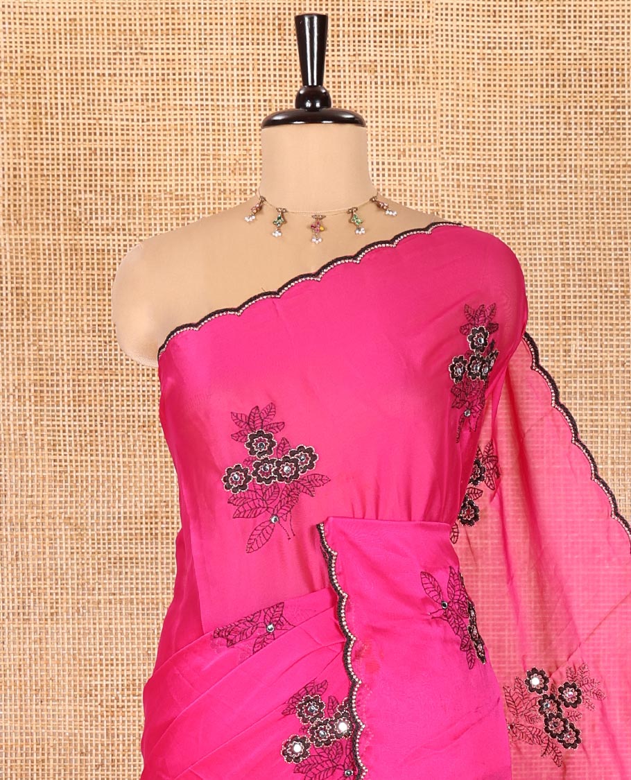 Rani Pink Rangoli Chiffon Saree, Decorated with Flower-Style Motifs Embroidered on Its Body, a Subtle Scallop Embroidered Border, a Self-Pallu, and Paired with a Contrast Embroidered Blouse - Image 2