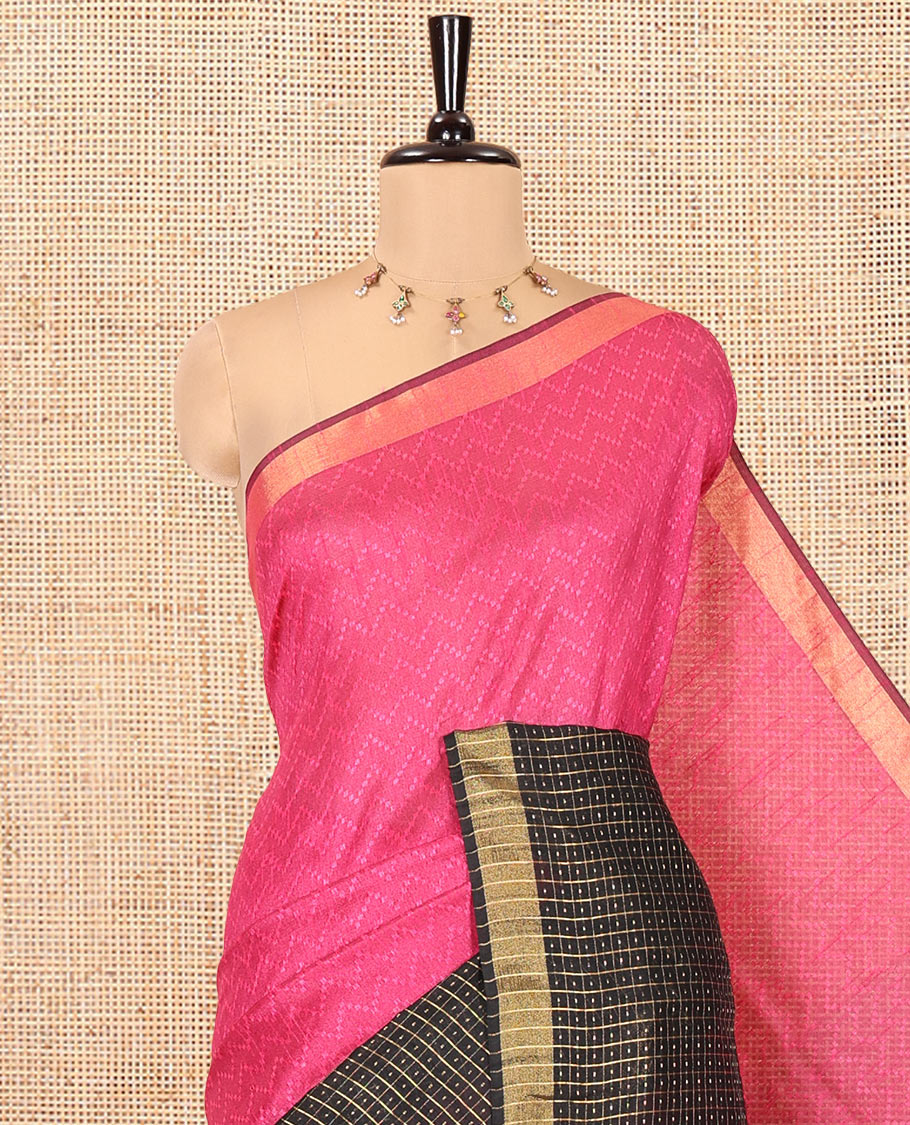 Rani Pink Semi-Raw Silk Saree, Delicately Woven with Zig-Zag Stripes All Over Its Body, Complemented by Contrast Border of Butta Enclosed Checks, Striped Pallu, and Paired with a Contrast Blouse - Image 2