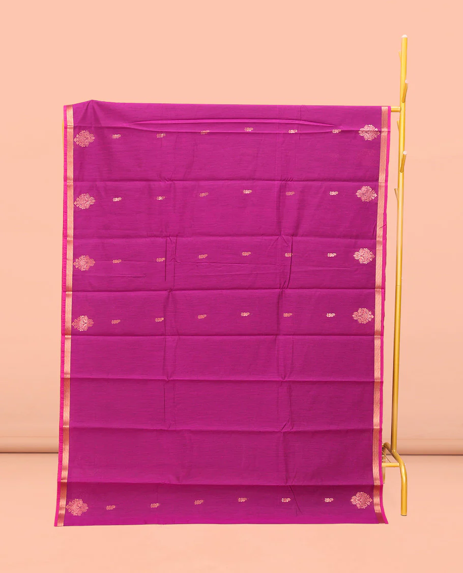 Rani Pink Semi-Silk Cotton Saree, Gleamed Up with Zari Buttas All Over Its Body, Highlighted by a Zari Piping Border, Complemented by a Contrast Pallu of Butta Enclosed Checked Design, and Paired with a Contrast Blouse