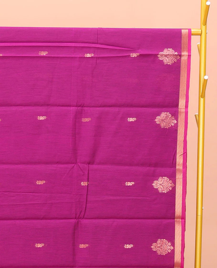 Rani Pink Semi-Silk Cotton Saree, Gleamed Up with Zari Buttas All Over Its Body, Highlighted by a Zari Piping Border, Complemented by a Contrast Pallu of Butta Enclosed Checked Design, and Paired with a Contrast Blouse - Image 2
