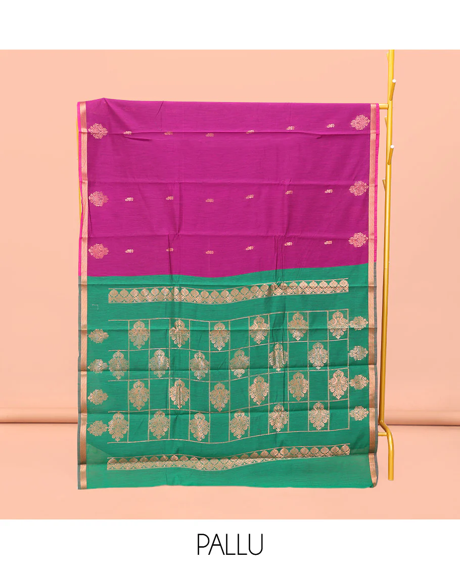 Rani Pink Semi-Silk Cotton Saree, Gleamed Up with Zari Buttas All Over Its Body, Highlighted by a Zari Piping Border, Complemented by a Contrast Pallu of Butta Enclosed Checked Design, and Paired with a Contrast Blouse - Image 3