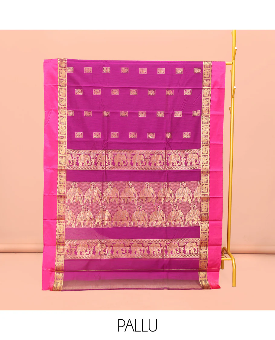 Rani Pink Semi-Silk Cotton Saree, Woven with Zari Buttas All Over Its Body, Complemented by a Contrast Kal Eragina Border of Peacock Designs, Pallu Steeped with Elephant Zari Motifs, and Paired with a Matching Blouse - Image 3