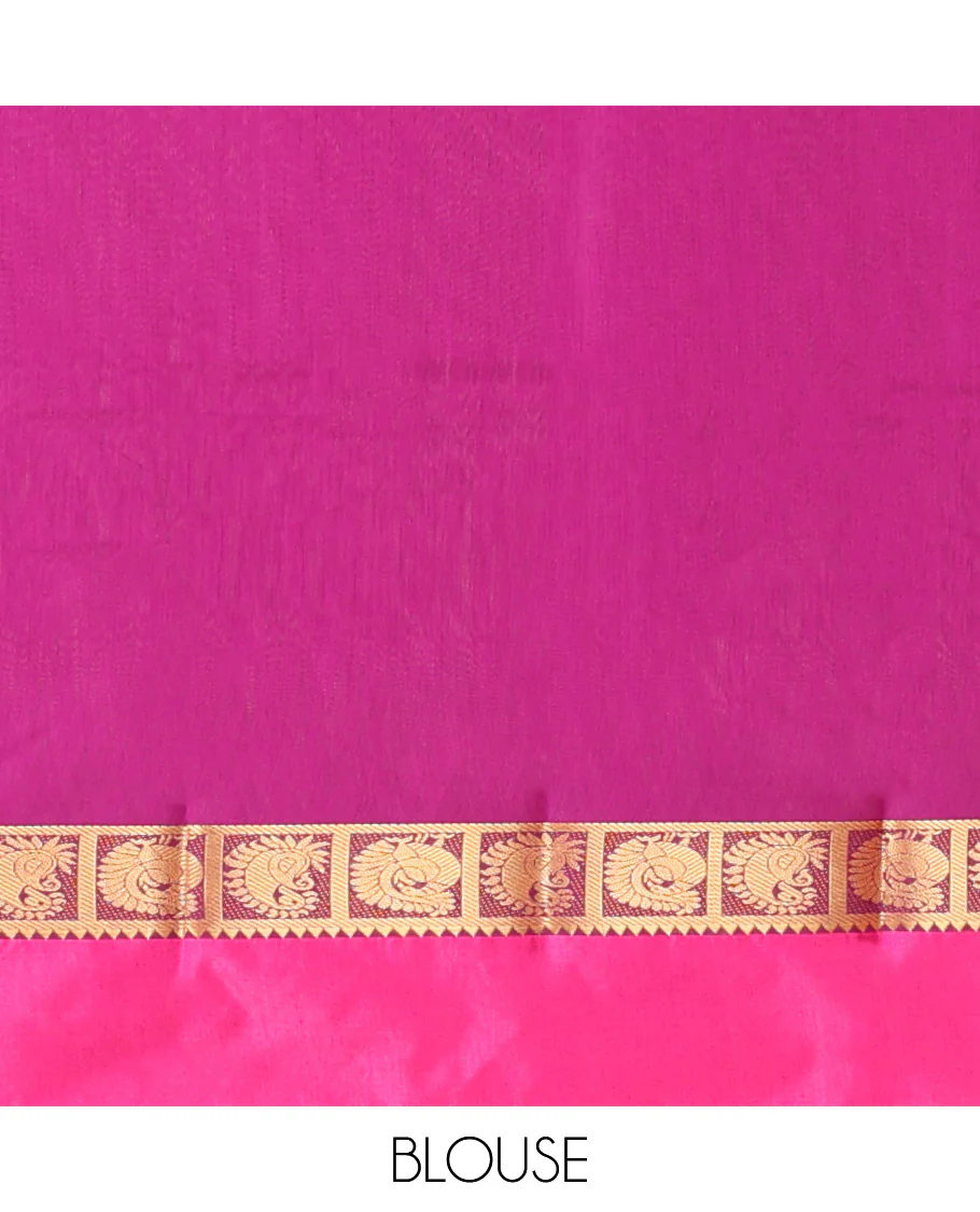 Rani Pink Semi-Silk Cotton Saree, Woven with Zari Buttas All Over Its Body, Complemented by a Contrast Kal Eragina Border of Peacock Designs, Pallu Steeped with Elephant Zari Motifs, and Paired with a Matching Blouse - Image 4
