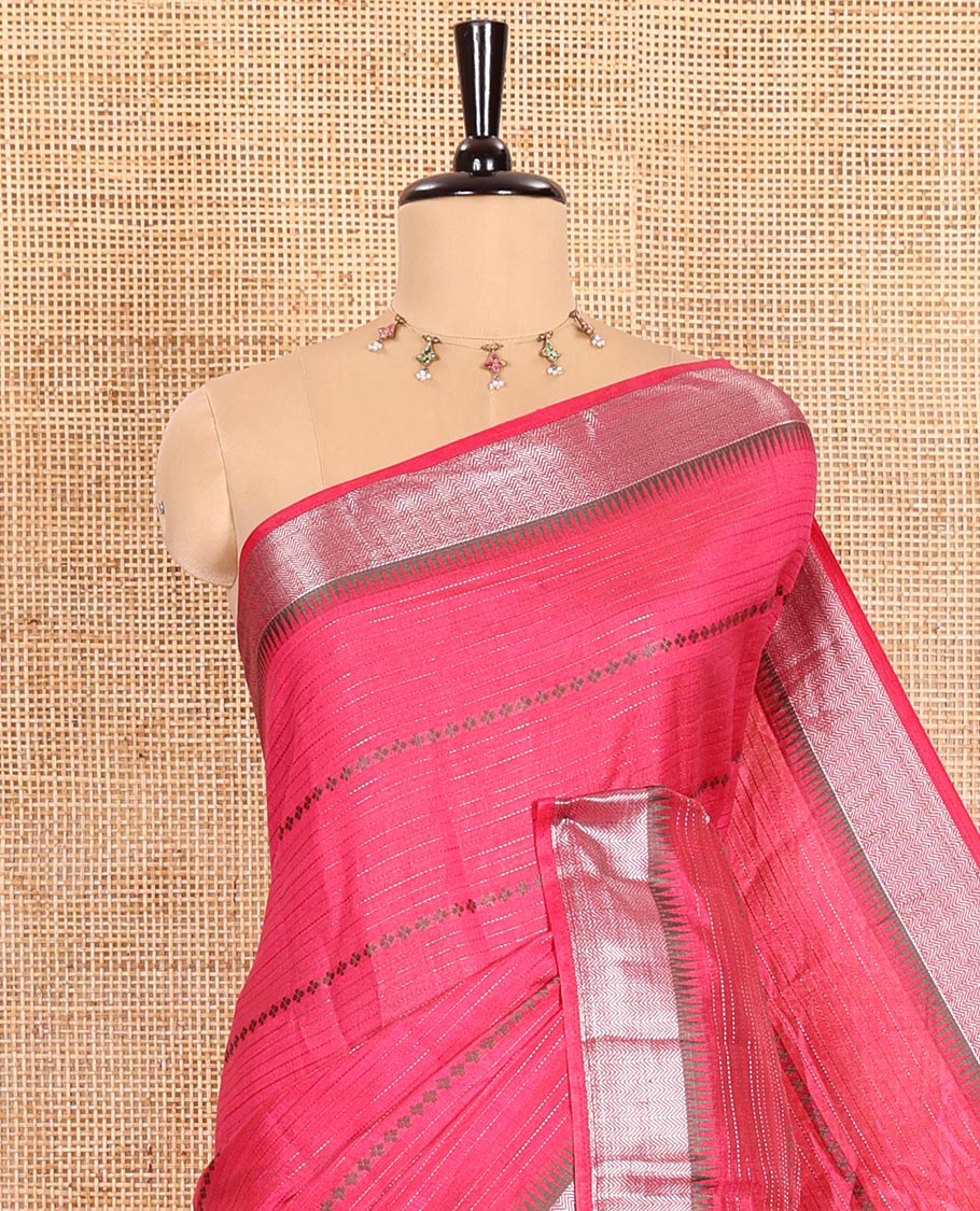 Rani Pink Semi-Tussar Saree Adorned with Zari Horizontal Stripes and Thread Floral Designs, Featuring a Subtly Woven Temple Zari Border, a Striped Pallu, and a Matching Blouse - Image 2