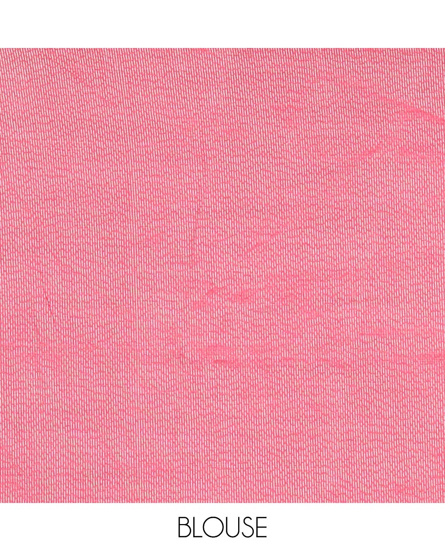Rani Pink Semi-Tussar Saree Adorned with Zari Horizontal Stripes and Thread Floral Designs, Featuring a Subtly Woven Temple Zari Border, a Striped Pallu, and a Matching Blouse - Image 3